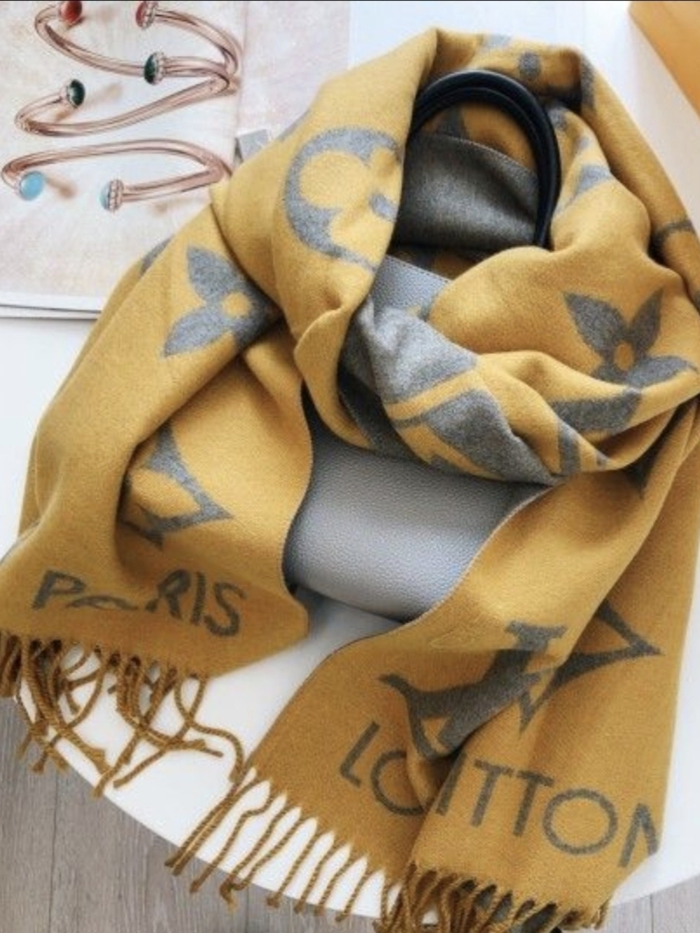 Mustard Yellow and Gray Logo-Pattern Women's Scarf